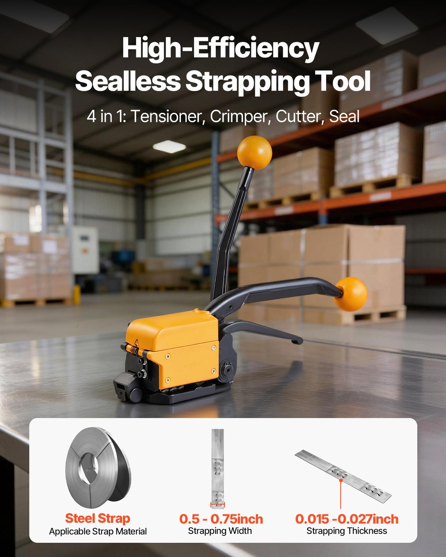 VEVOR Banding Strapping Kit, Heavy Duty A3 Steel Banding Sealer Tool with Adjustable Width, Manual Metal Pallet Packaging Strapping Kit for Warehouse, Transportation, Industrial Bundling, Home Use