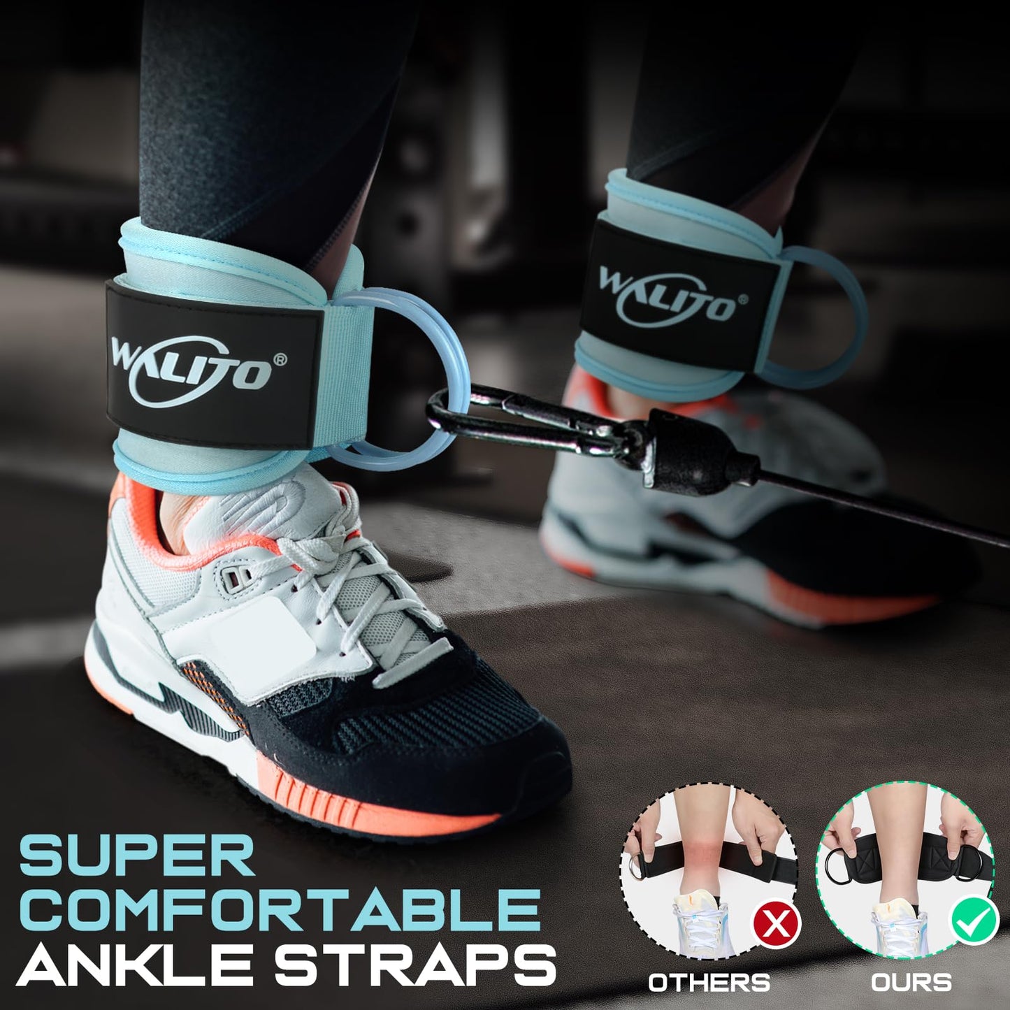 WALITO Gym Ankle Straps for Cable Machines Women & Men - Glute Kickback Ankle Cuff, Adjustable Cable Machine Accessories for Leg Extensions, Hip Abductors & Lower Body Workouts (Pair-Blue)