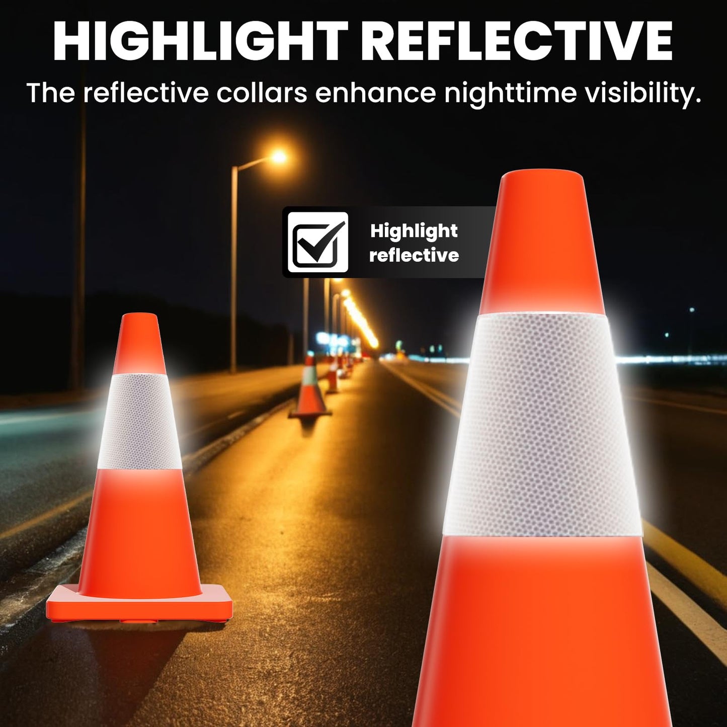 40 Pack 18 Inch Traffic Cones with Reflective Tape, Safety Road Parking Cones with Weighted Base, Collapsible PVC Construction, Orange Cones for Construction Zone, Event Barricade or Driveway