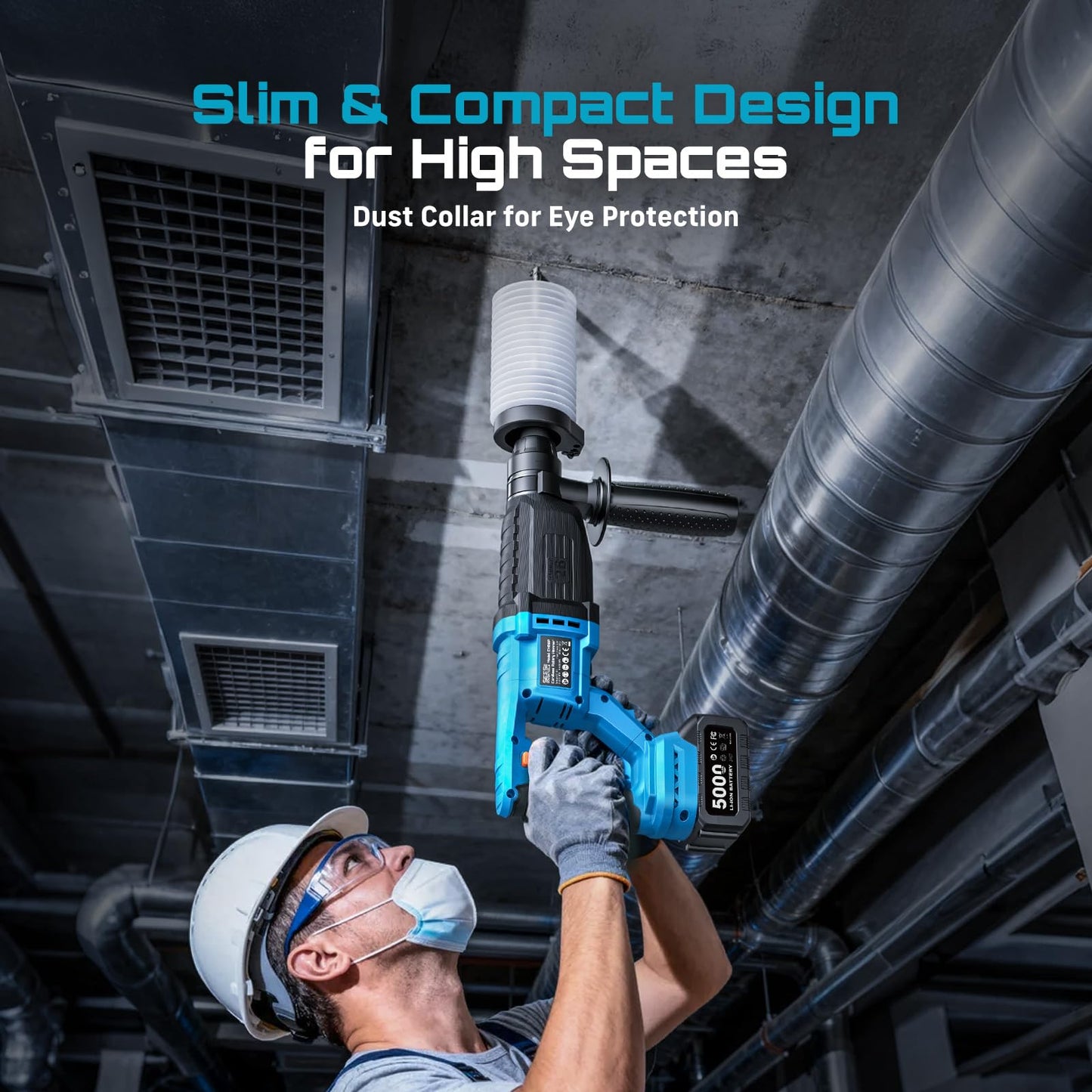 Seesii 1" Cordless SDS-Plus Rotary Hammer Drill with 2x5.0Ah Batteries, 3.2J Impact Energy Brushless Motor, 4-Mode with Kickback protection, Chisels, Drill Bits for Concrete Drilling & Home Renovation
