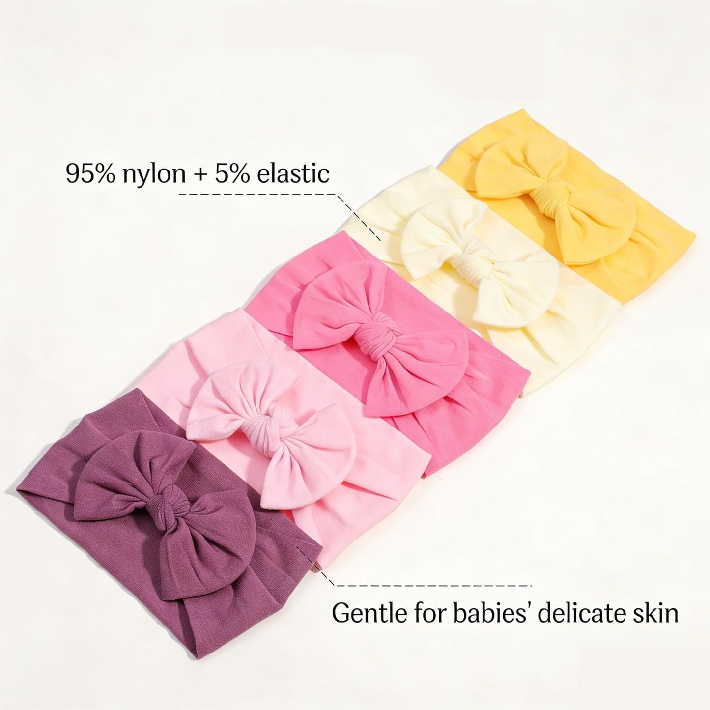Skiennix 5Pcs Nylon Baby Bow Headbands - Soft, Stretchy Hairbands for Newborns & Toddlers