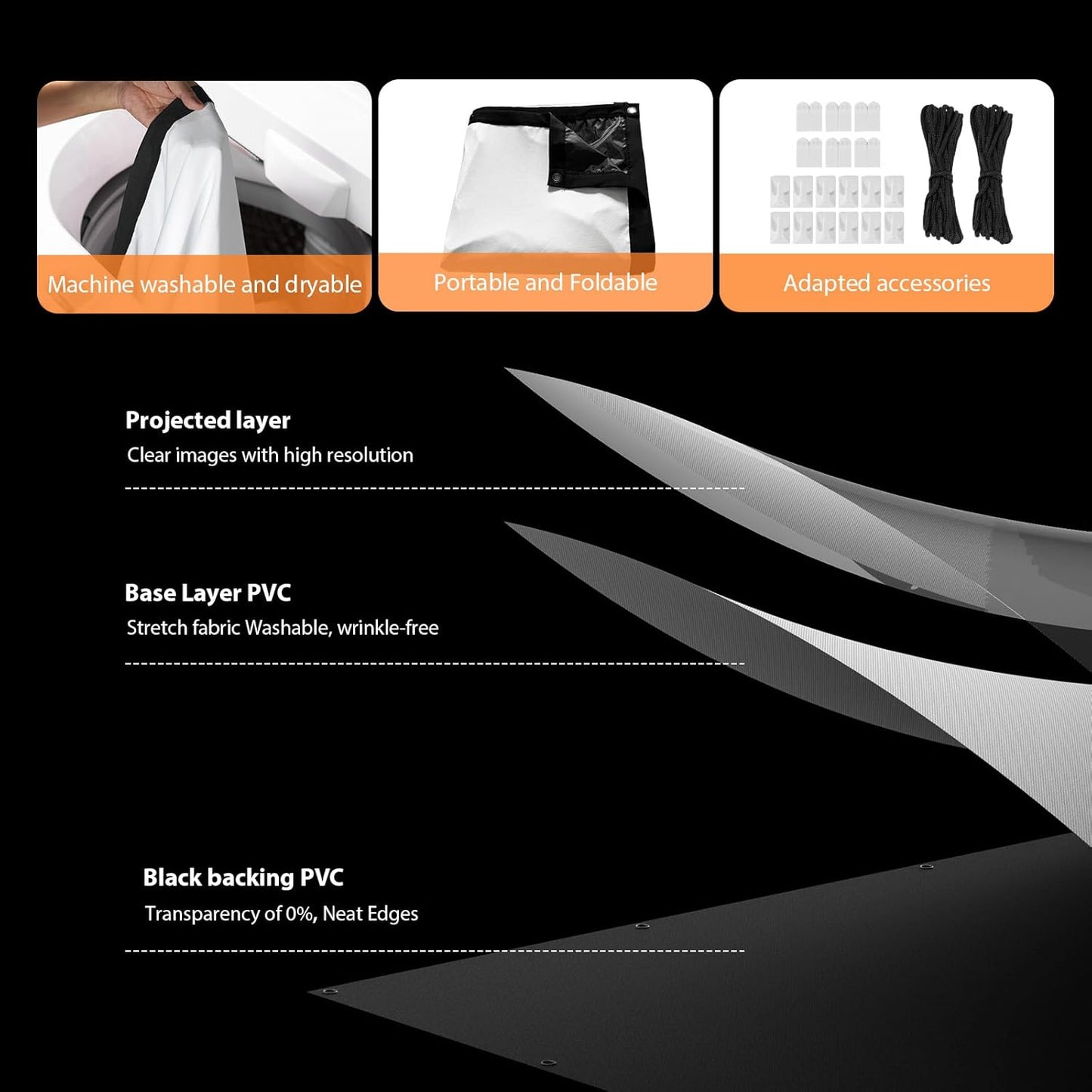 VOOPVOR 100 Inch 16:9 Projector Screen Outdoor: Upgraded Black Backing Black Opaque - Portable Projection Screen Indoor