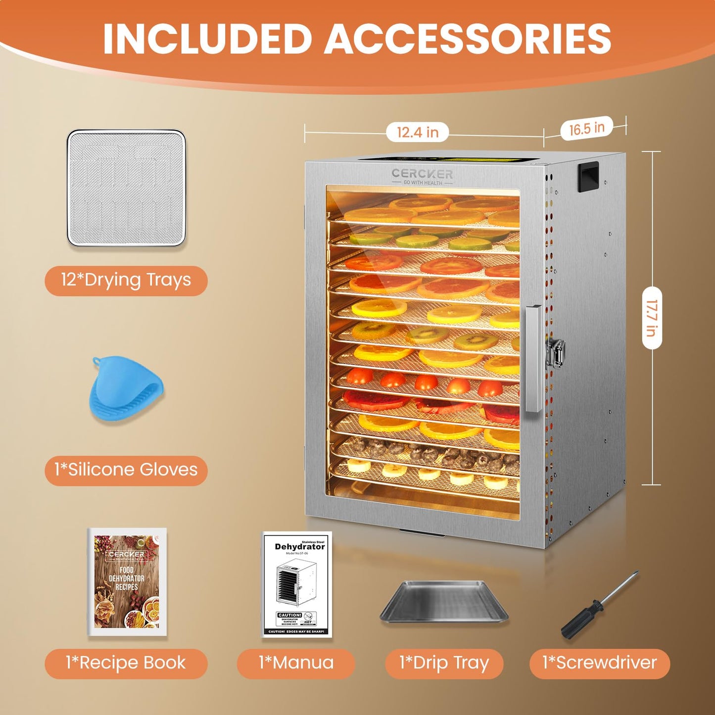 Food-Dehydrator Machine 12 Stainless Steel Trays, 10.9ft² Meat Dehydrator for Jerky, 800W Dryer for Herbs, 190ºF Temperature Control,24H Timer,Powerful Drying Capacity for Fruits,Yogurt