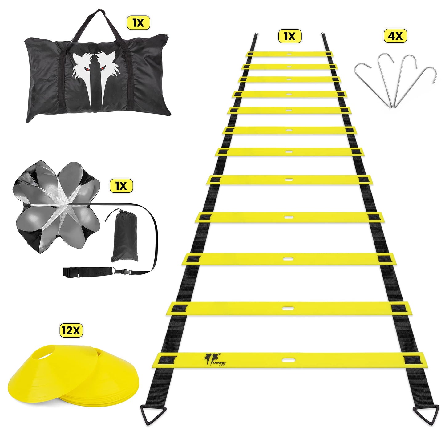 LYKAN FIT 20ft Sports Agility Ladder for Men Women and Kids, Speed Youth Soccer Agility Training Equipment for Football, Exercise, Tennis, Legs Workout with Speed Parachute and Carry Bag