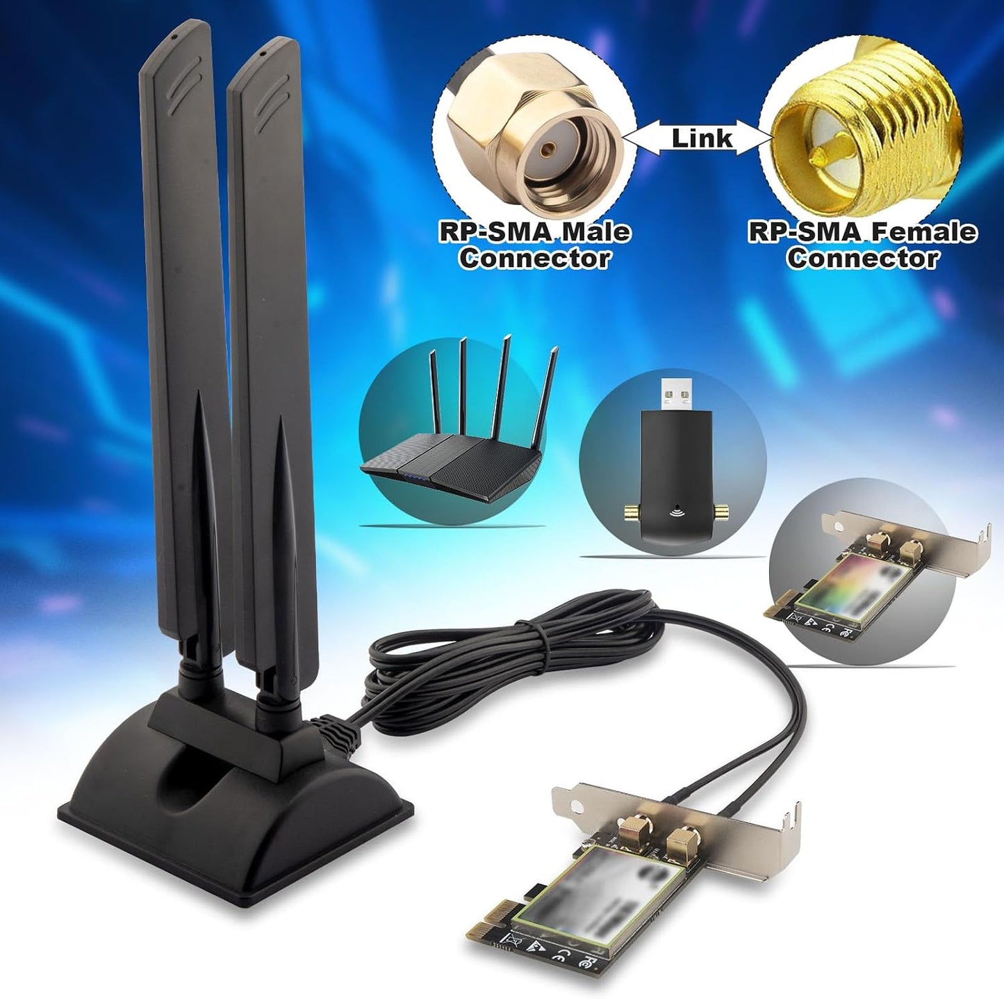 Kaunosta 6E 6GHz 5GHz 2.4GHz WiFi Antenna Tri-Band RP-SMA WiFi Antenna Magnet Mount Base for PC Desktop Computer
