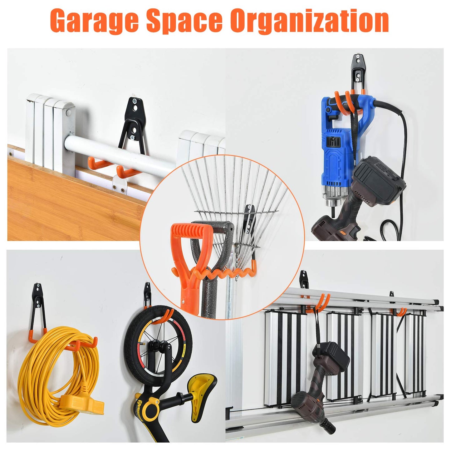 AOBEN 24PCS Garage Hooks, Heavy Duty Double Garage Hanger Organizer Wall Mount Iron Anti-Slip Garage Storage Hooks for Ladder, Power Tool,Bike,Ropes（23 Hooks & 1 hoder Strap-Orange