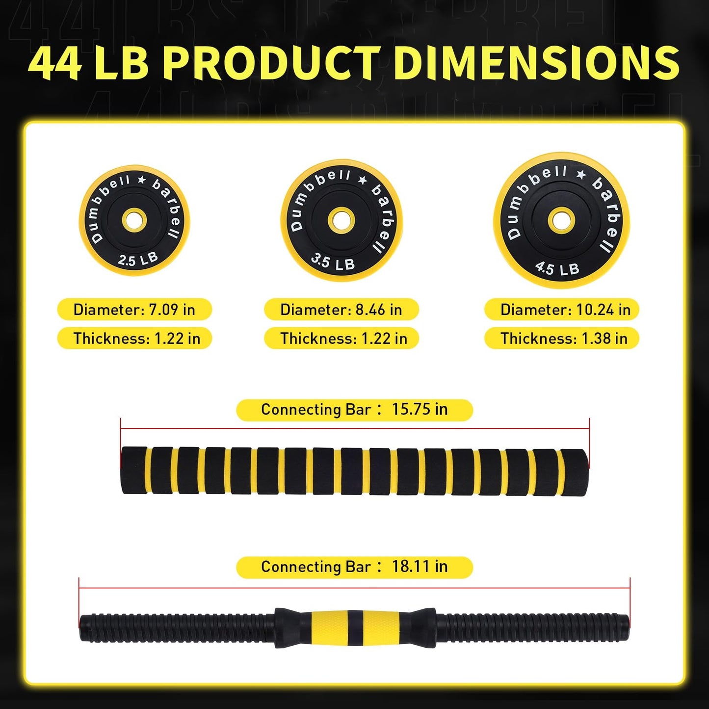 2-in-1 Adjustable Weight Set 44 Lb, Adjustable Weights with Foam Shoulder Connector Used As Dumbbell and Barbell Set, Yellow
