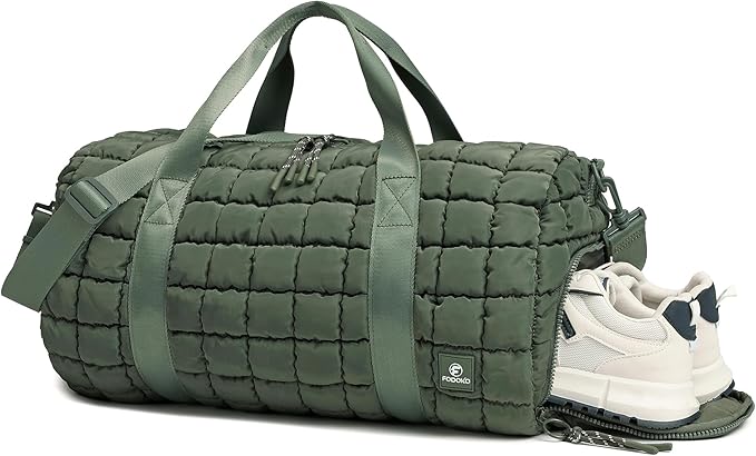 Quilted Duffel Bag for Women, Puffer Gym Duffle Bag with Shoe Compartment Lightweight Large Crossbody Sport Bag Travel Tote JasperGreen