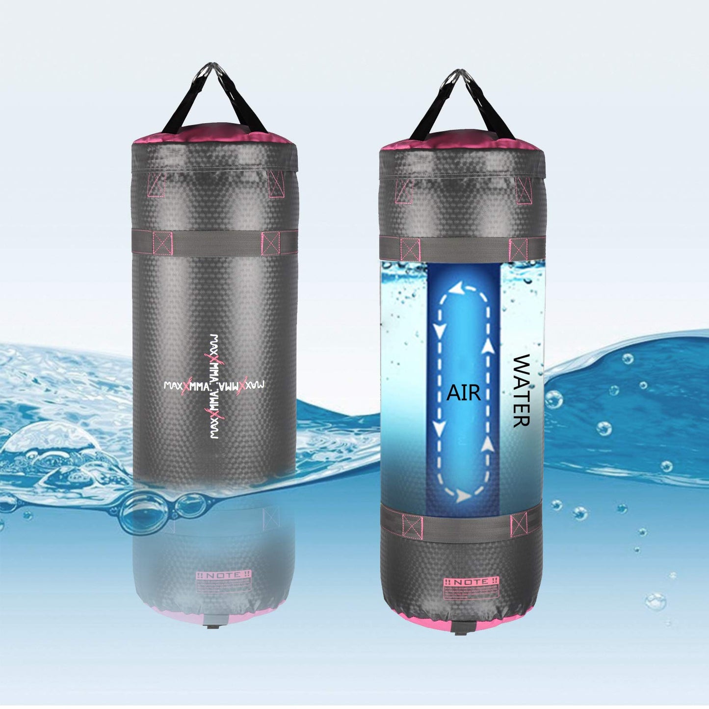 MaxxMMA 3 ft 4-in-1 Water/Air Heavy Bag | Training & Fitness, Uppercut Workout, MMA Grappling, Punching Bag (Grey/Pink)