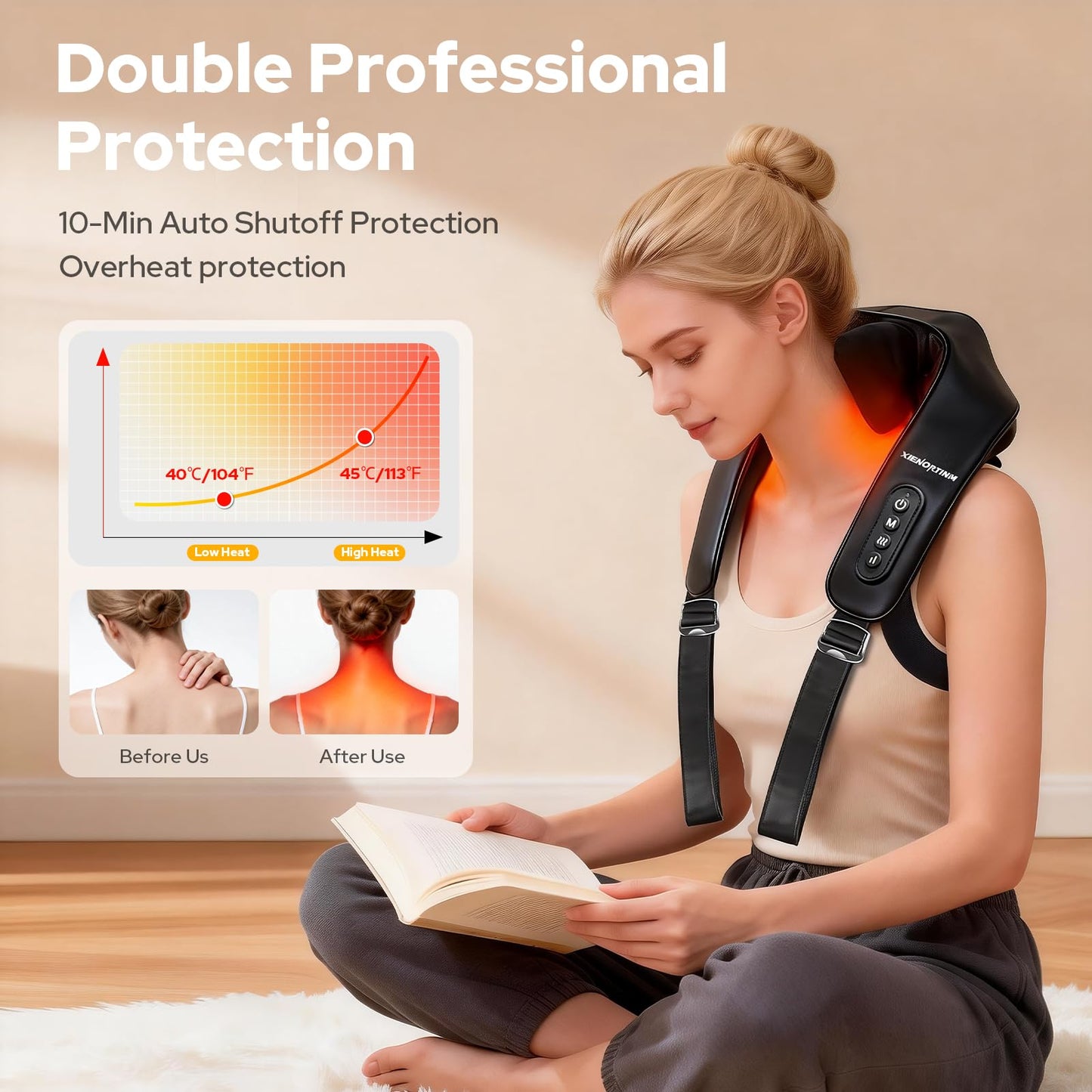 XIENORTINM Cordless Shiatsu Neck and Back Massagers with Heat, Rechargeable 4D Kneading + Tapping Wearable Massager, 3 Tapping Intensities, 3 Speeds, Ultra-Quiet Under 45dB for Deep Muscle Relief