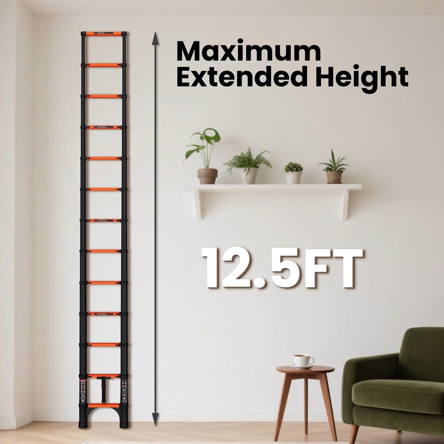 SINMEIRUN Telescoping Ladder, 12.5 FT, Aluminum Extension Ladder, 330 lbs Capacity, Collapsible Multi-Purpose Ladder for Home, Roof and RV; Orange