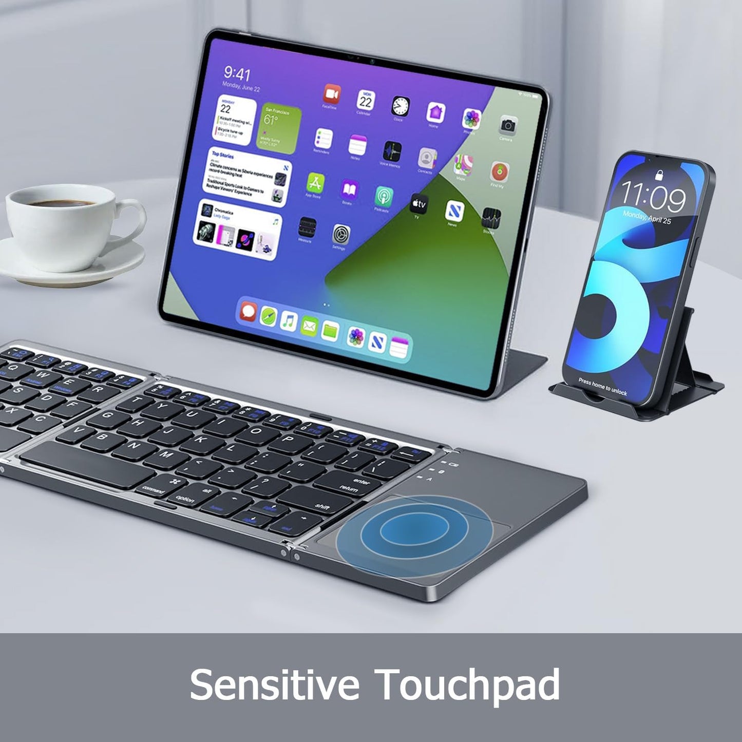 KUNSI Foldable Bluetooth Keyboard with Touchpad, Ultra Slim Portable Wireless Keyboard with Rechargeable Battery
