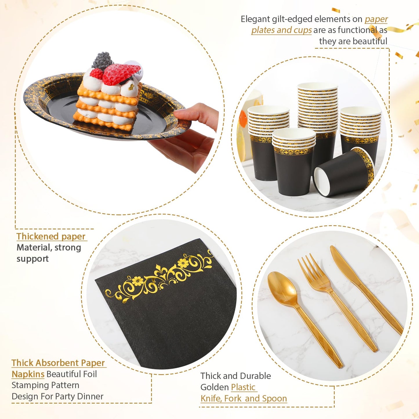 Didaey 700 Pcs Disposable Dinnerware Set for 100 Guests Include 200 Paper Plates, 300 Plastic Silverware, 100 Paper Cups, 100 Napkins for Wedding Birthday Party Supplies(Black Gold Pattern)