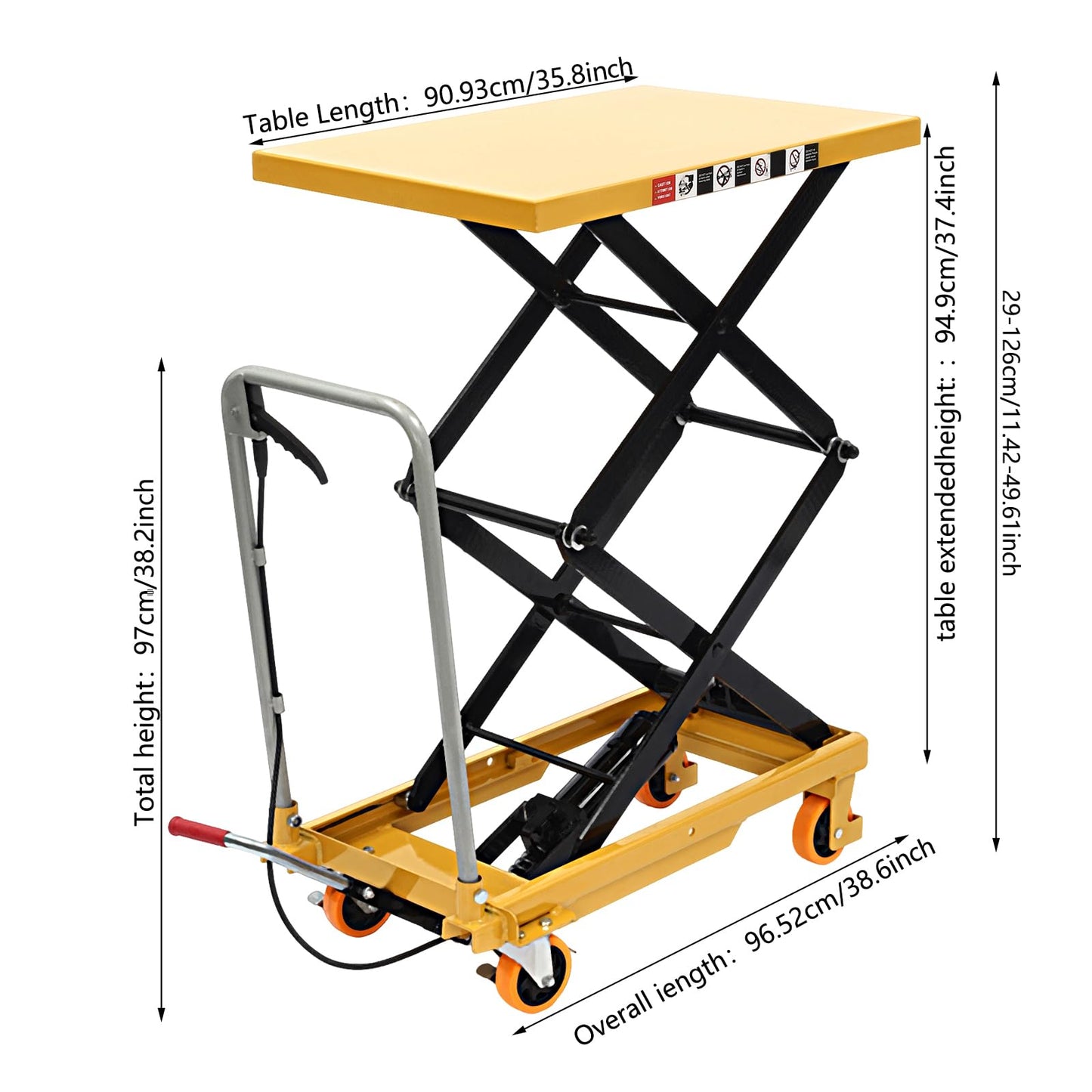 Hydraulic Lift Table Cart,700lbs Capacity, 49.6in Lifting Height, Single Scissor Hydraulic Lift Table with Less Noise Locking Wheels, Lifting Devices for Material Handling and Transportation