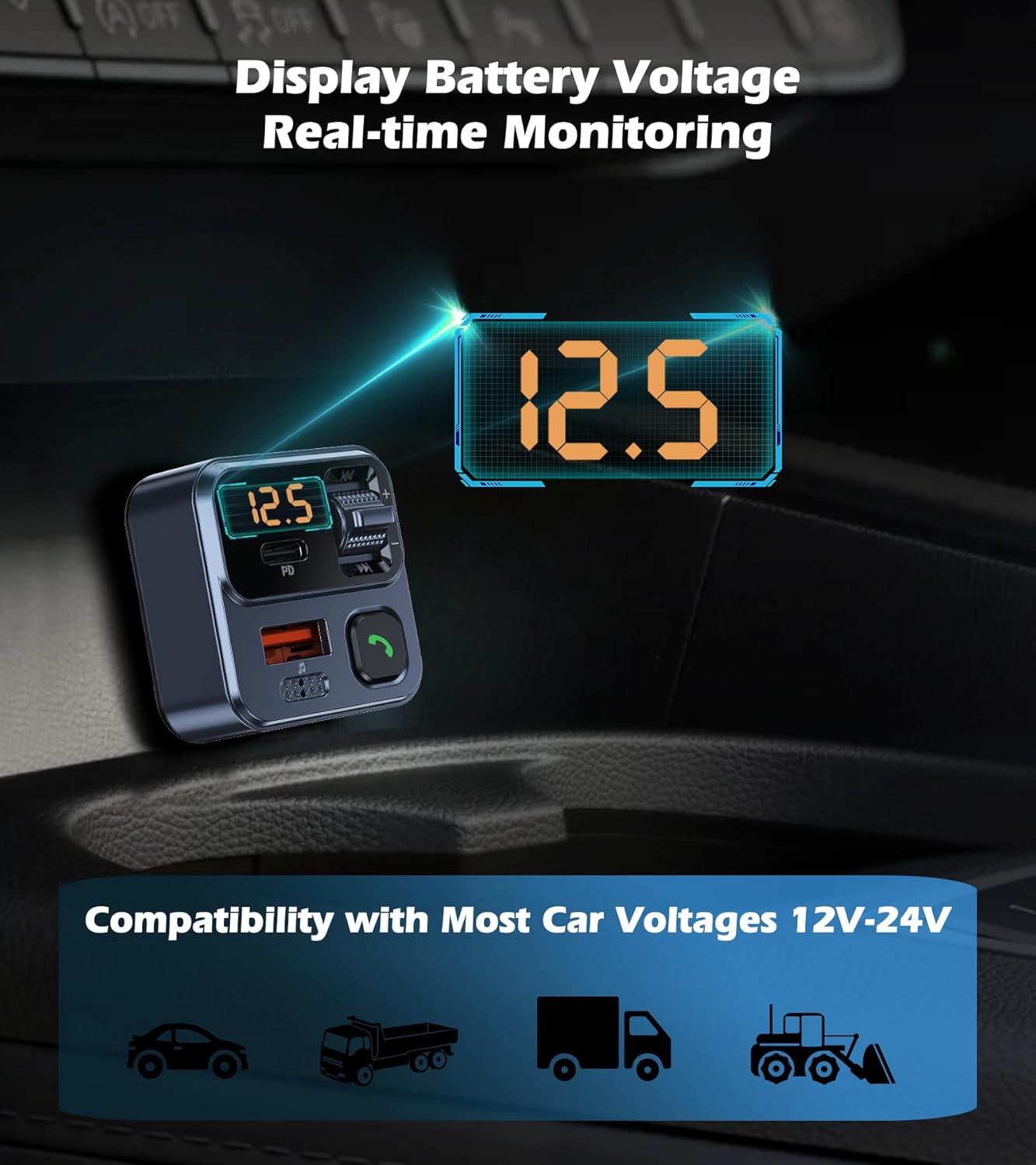 KAIY 42W FM Transmitter Bluetooth Car Adapter, Car Radio Bluetooth Transmitter HandsFree Calling Music Player, FM Radio