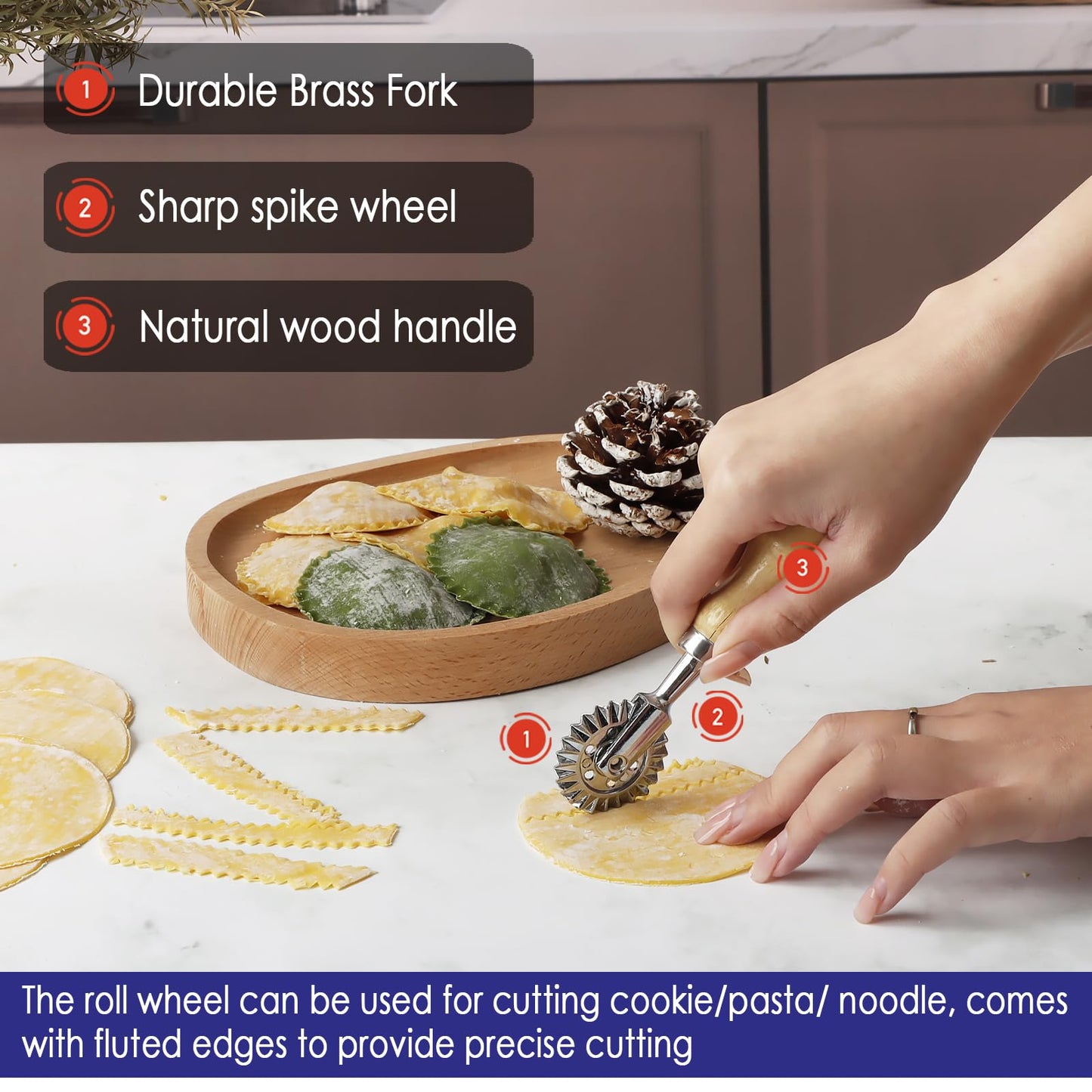 Ravioli Stamp Maker Cutter with Roller Wheel Set, Large Size Aluminum Press with Wooden Handle and Fluted Edge, Ravioli Maker Stamp for Ravioli, Pasta, Dumplings Lasagna, Pierogi, Set of 4