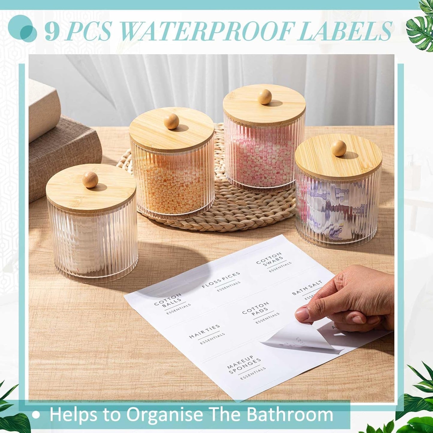 Yaomiao Ribbed Bathroom Canisters - 6 Pcs Apothecary Jars with Bamboo Lids & Labels | 18 oz Plastic Storage