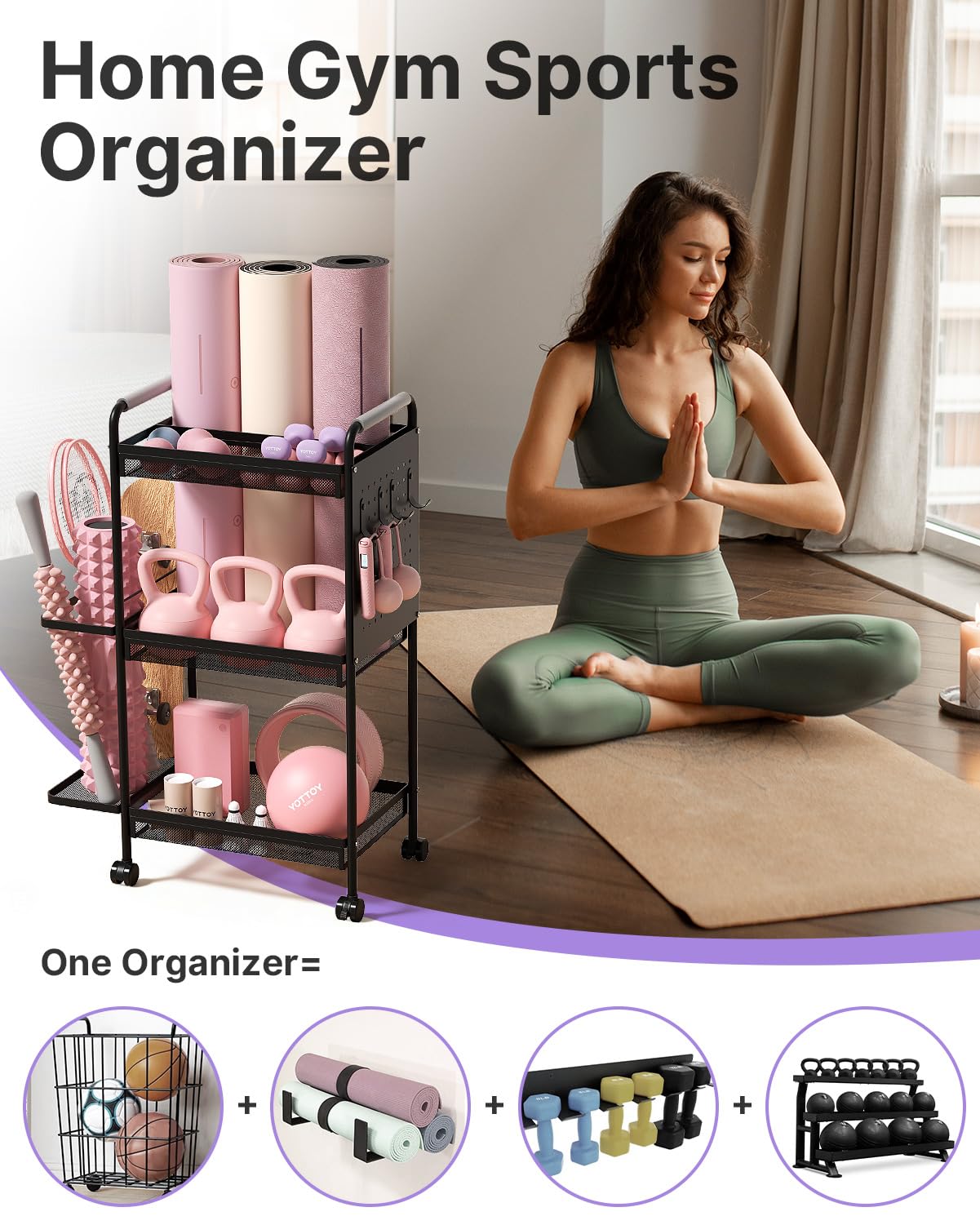 YOTTOY 3-Tier Gym Storage Rack for Home Gym–Multi-Functional Weight Rack, Dumbbell Rack, Yoga Mat Holder with Side Basket & 6 Hooks, Gym Equipment Organizer (Black)