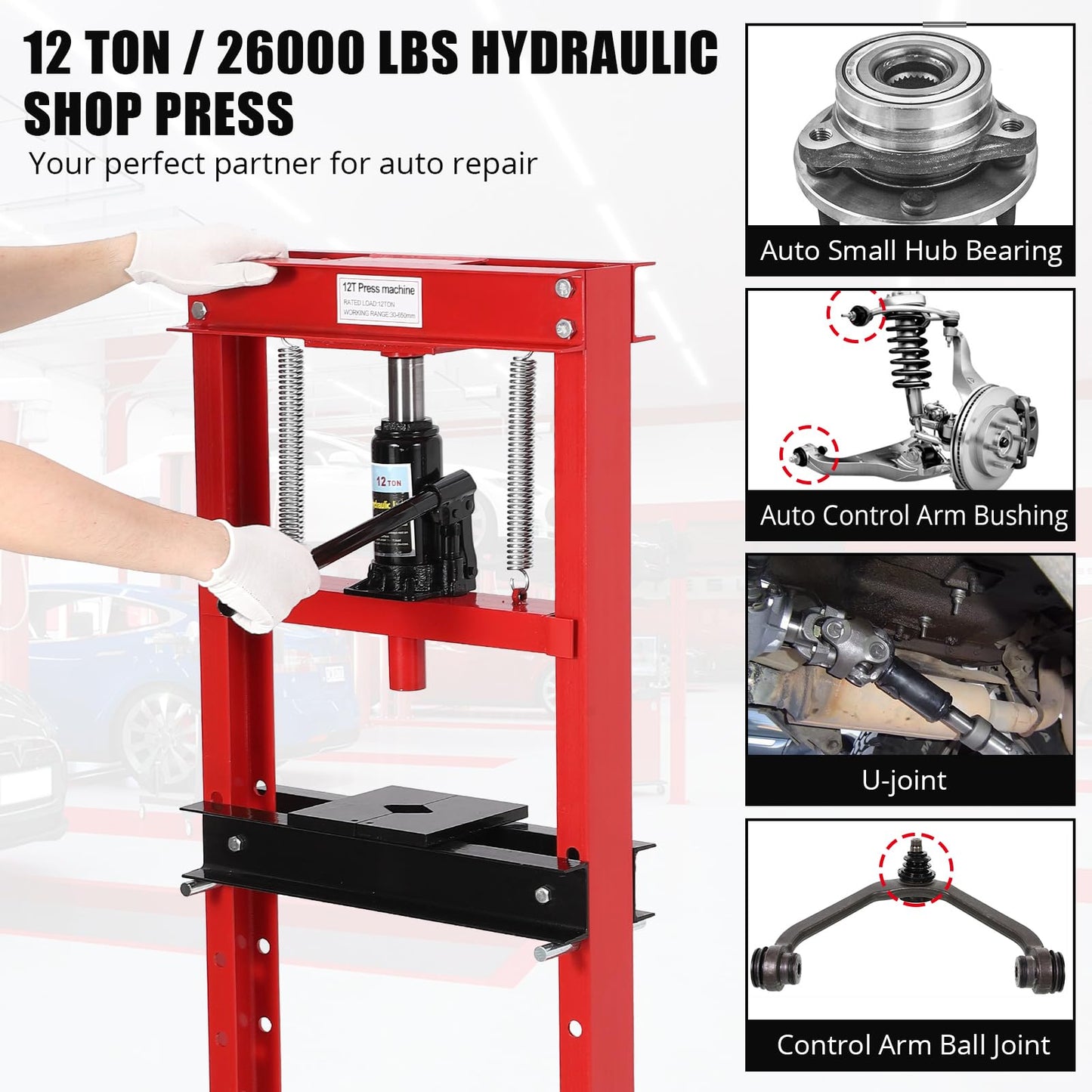 GarveeTech 12 T Hydraulic Press, H-Frame Bearing Press, Adjustable Working Table Height, Strong Load Capacity, for Car Repair Garage