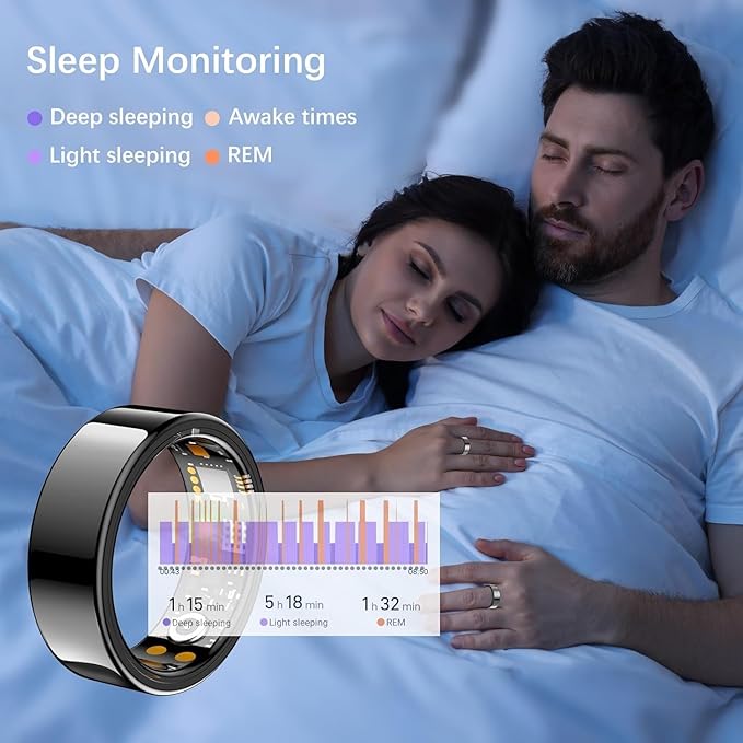 Ring Health Tracker for Women Men, Fit Ring with Heart Rate, Blood Oxygen, Sleep Monitor, Calories, Step Counter, IP68 Waterproof Smart Ring for iPhone & Android, No Subscription Fee (Black, 13#)