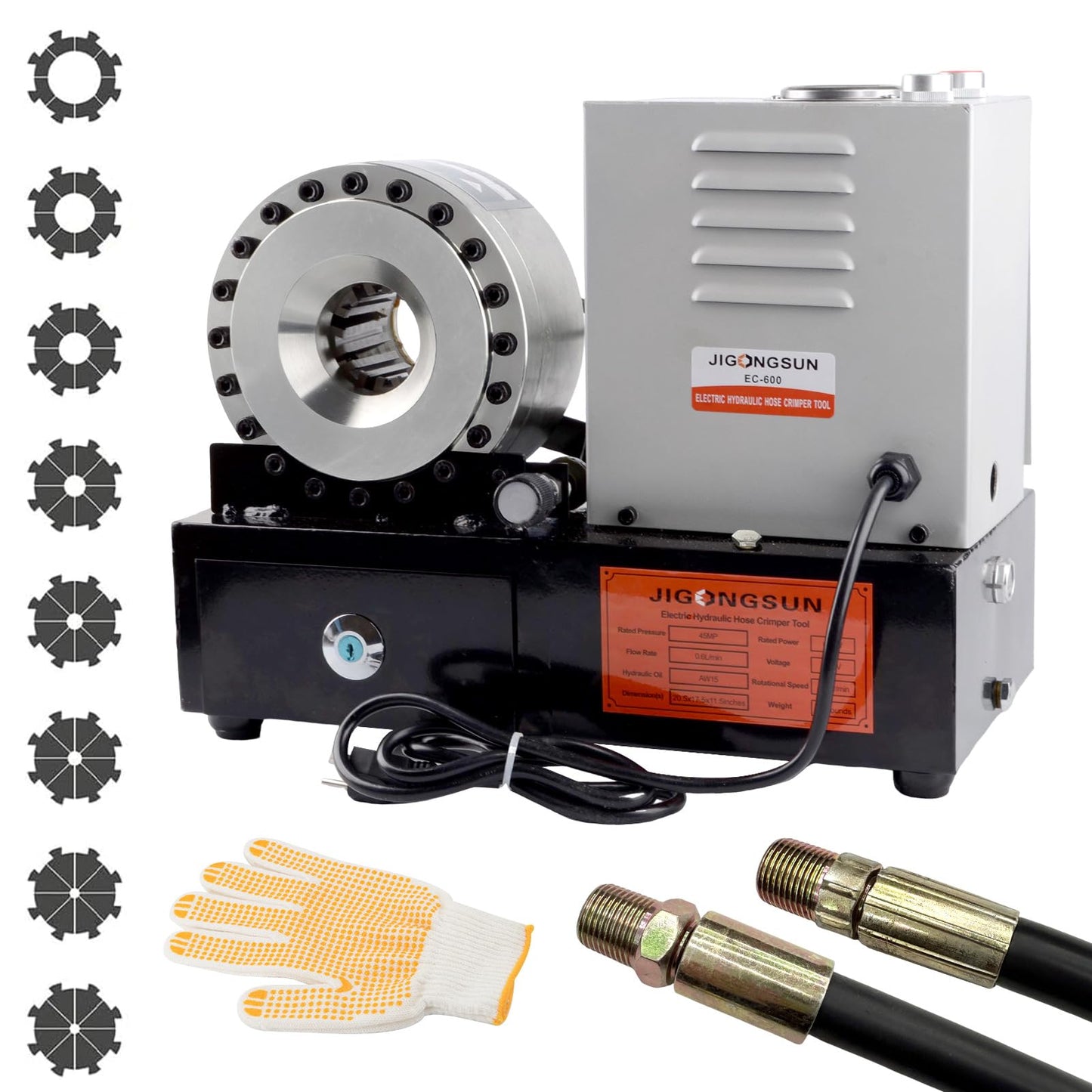 JIGONGSUN Professional Hydraulic Hose Crimping Machine with 8 Dies Set - Heavy Duty Hose Crimper Tool for Automotive Repair, Excavators, Agricultural Equipment - 110V Portable Electric Powered