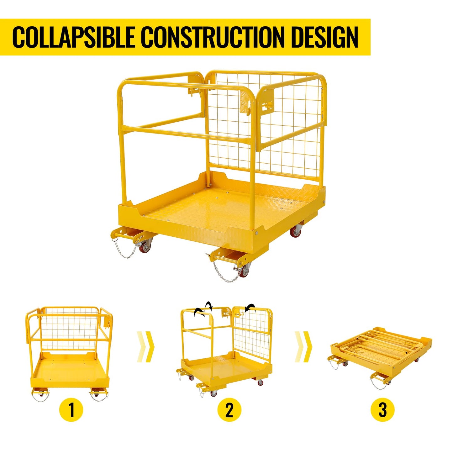 Migoda Forklift Safety Cage 36 x 36 inches, 1200 lbs Capacity Man Basket, Folding Work Platform with 4 Wheels, Collapsible Cage Lift Basket for Aerial Jobs