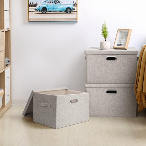 Graciadeco Large Collapsible Storage Bins - Stackable Beige Linen Fabric Boxes | 3-Pack (16.6 x 11.7 x 10.8)