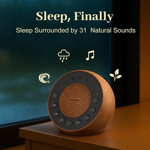 Housbay White Noise Machine - 31 Soothing Sounds, 5W Stereo Sound, Auto-Off Timer | Wood Grain Finish