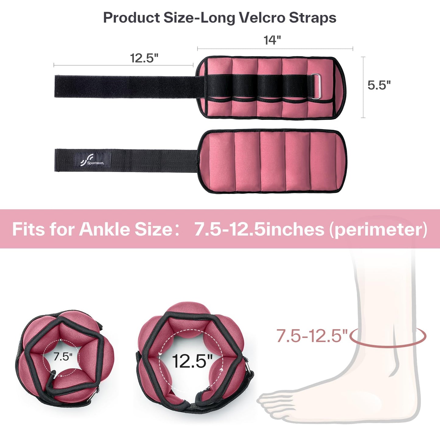 Sportneer Adjustable Ankle Weights Set - 1 Pair (2-10 lbs) Removable Sandbags for Women & Men, Comfortable Neoprene Leg Weights for Walking, Running, Pilates, Yoga, Home Workout & Physical Therapy, Rosy Melon, 5 lbs x 2)