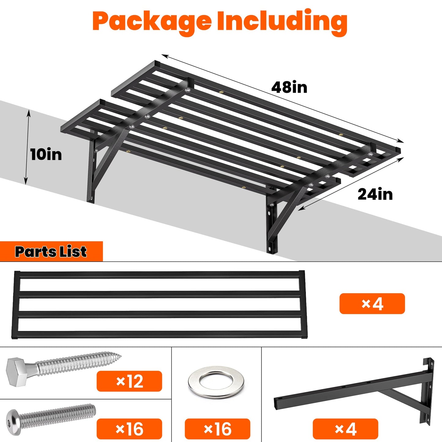 Ultrawall Heavy Duty Garage Wall Shelves, 2 x 4 ft Wall Mounted Storage Shelves, Holds Up to 800Lbs, 2Pack, Black