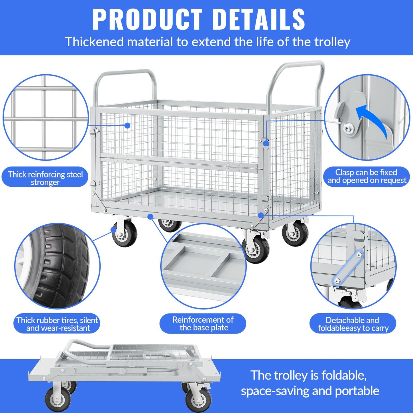 Platform Truck Cart with Cage, Multipurpose 5 in1Foldable Hand Truck, Heavy Duty Flatbed Cart, Load 2500LB with 4 Swivel Casters, Multi-Functional Push Cart for Grocery, Laundry, Shelving, Pantry