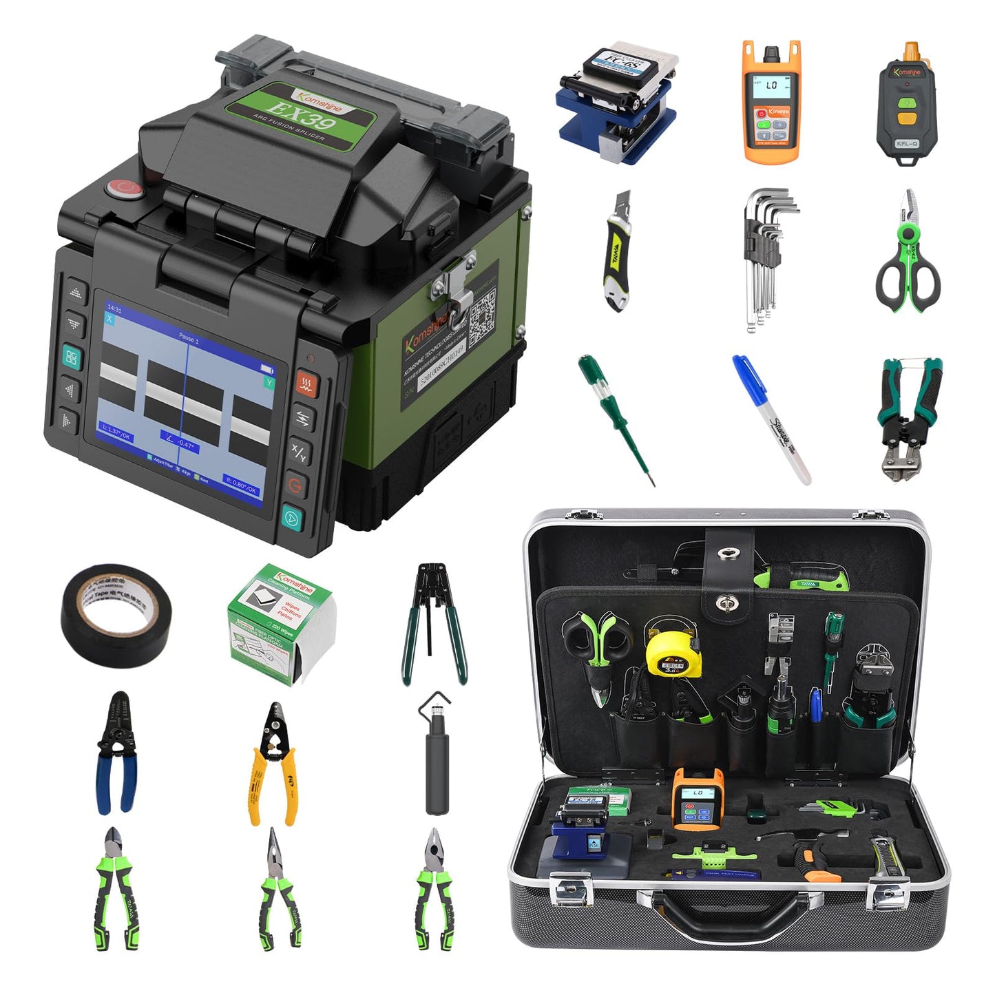 Komshine Optical Fusion Splicer EX39 FTTH Mini Fiber Fusion Splicer Machine Kit 8s Fast Splicing Fast-Heating 18s w/Fiber Cleaver FC-20 + Multi-Functional FTTH TFS-40D Toolkit