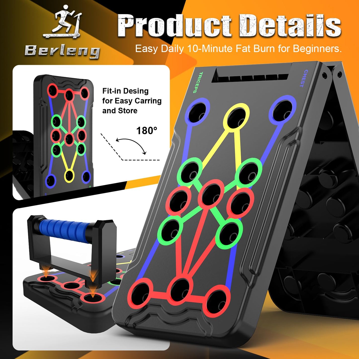 Berleng Push Up Board - 36-in-1 Foldable Pushup Fitness Stand for Portable Strength Training. Rugged, Stable Equipment for Home Gym Workout for Men & Women