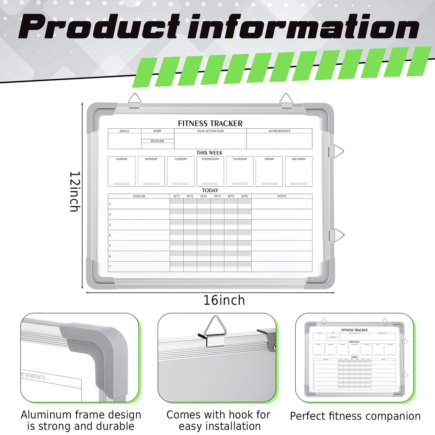Lincia 16 x 12 Inch Fitness Tracker Whiteboard Workout Calendar for Home Gym Dry Erase Planner Hanging Removable to Do List for Wall Whiteboard with Aluminum Frame for Gym Program(Style A)