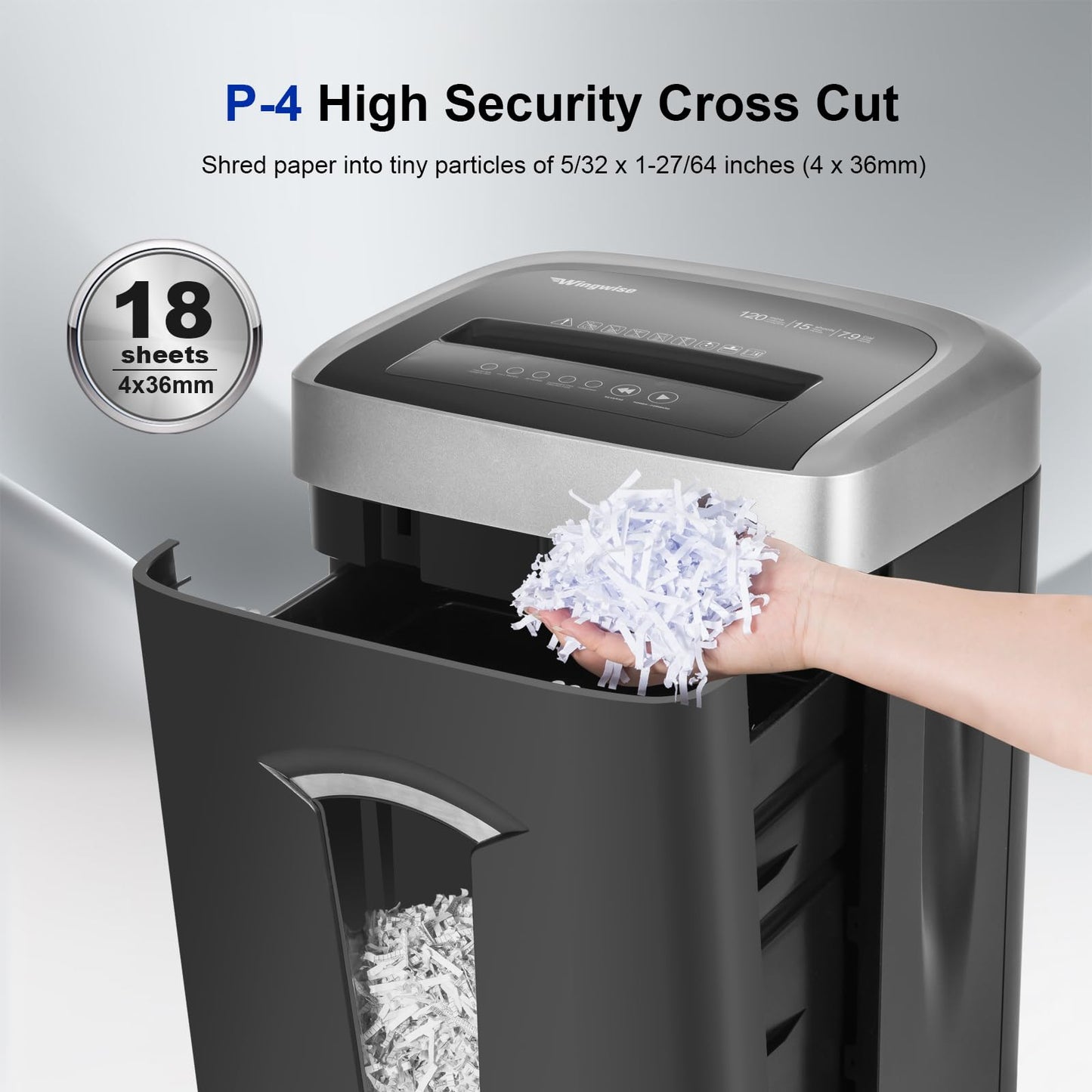 Wingwise 18 Sheets 120-Minute Paper Shredder, 7.9 Gallon Bin, P4 Cross-Cut Heavy-Duty Shredder for Home & Office Use