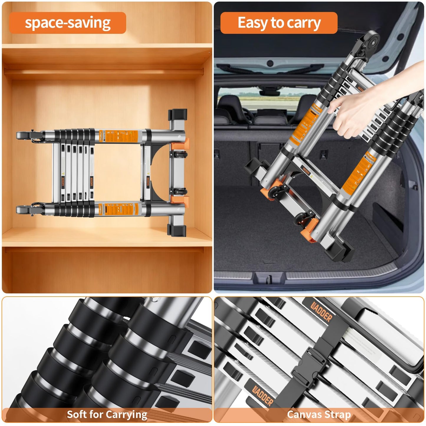 Telescoping Ladder A Frame,Telescopic Ladder for Home, Roof, RV，12.5 Ft Aluminum Extension Ladder with Balance Bar,Wheels and 2 Triangle Stabilizers，330 lb Capacity (12.5FT-A Frame PRO)
