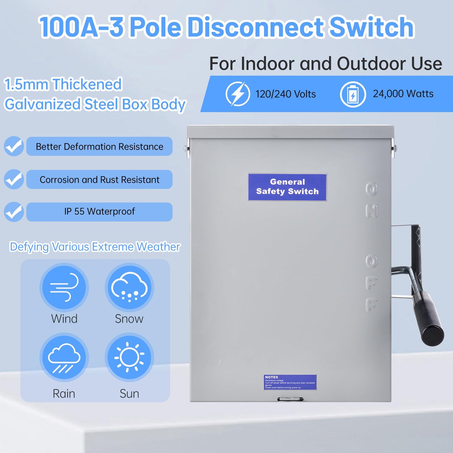 100 Amp Disconnect Switch Box, 120/240V 3 Pole Heavy Duty Safety Switch with Ground, Multi-Safety Protection Design, Non-Fusible, Galvanized Steel Enclosure, NEMA 3R Standards for Indoor and Outdoor