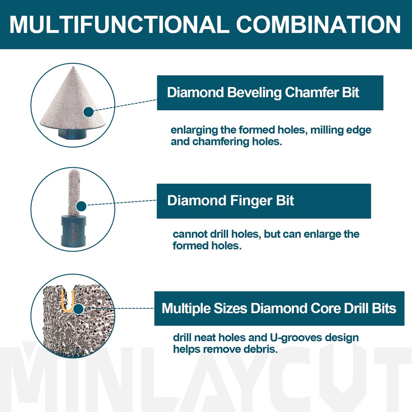 MINLAYCUT Diamond Core Drill Bits Set - Tile Hole Saw Kit 10pcs 6/8/10/25/35/50/65mm with 2" Diamond Beveling Chamfer Bits for Porcelain Ceramic Tile Granite Marble
