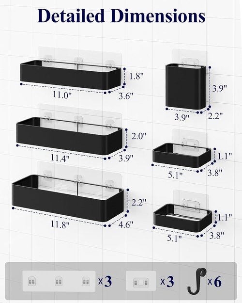 Kitsure Shower Caddy Adhesive - Stylish No-Drill Bathroom Organizer with Soap Holder & Hooks | Large Black 6-Pack