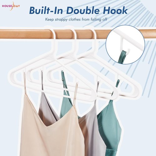 HOUSE DAY White Plastic Hangers - Durable 50 Pack with Built-in Hooks | Space-Saving Closet Solution