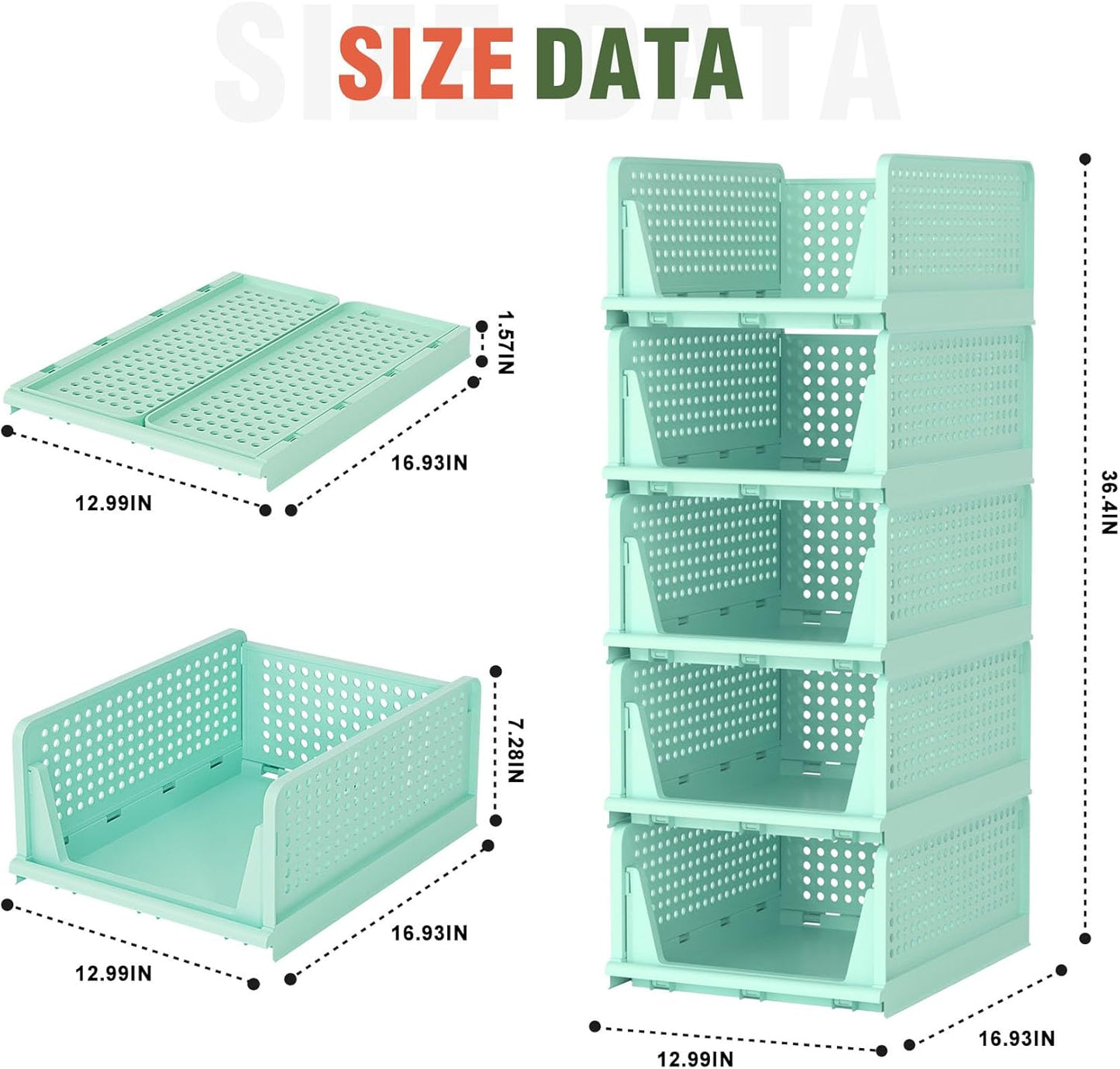 Stackable Plastic Storage Drawers - Closet Organizer with Open Bins for Clothes | 5-Drawer Set in Green