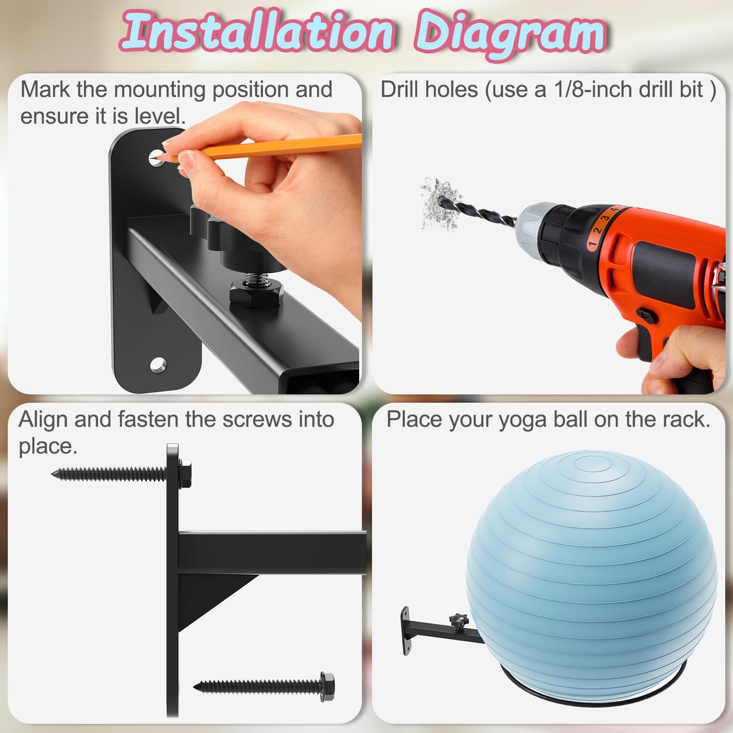 AILIBI Yoga Ball Wall Mount(2PCS), Adjustable Exercise Ball Holder,Compatible with 14 to 30 Inch Stability Ball, for Home Gym, Storage Room & Physical Therapy Clinic