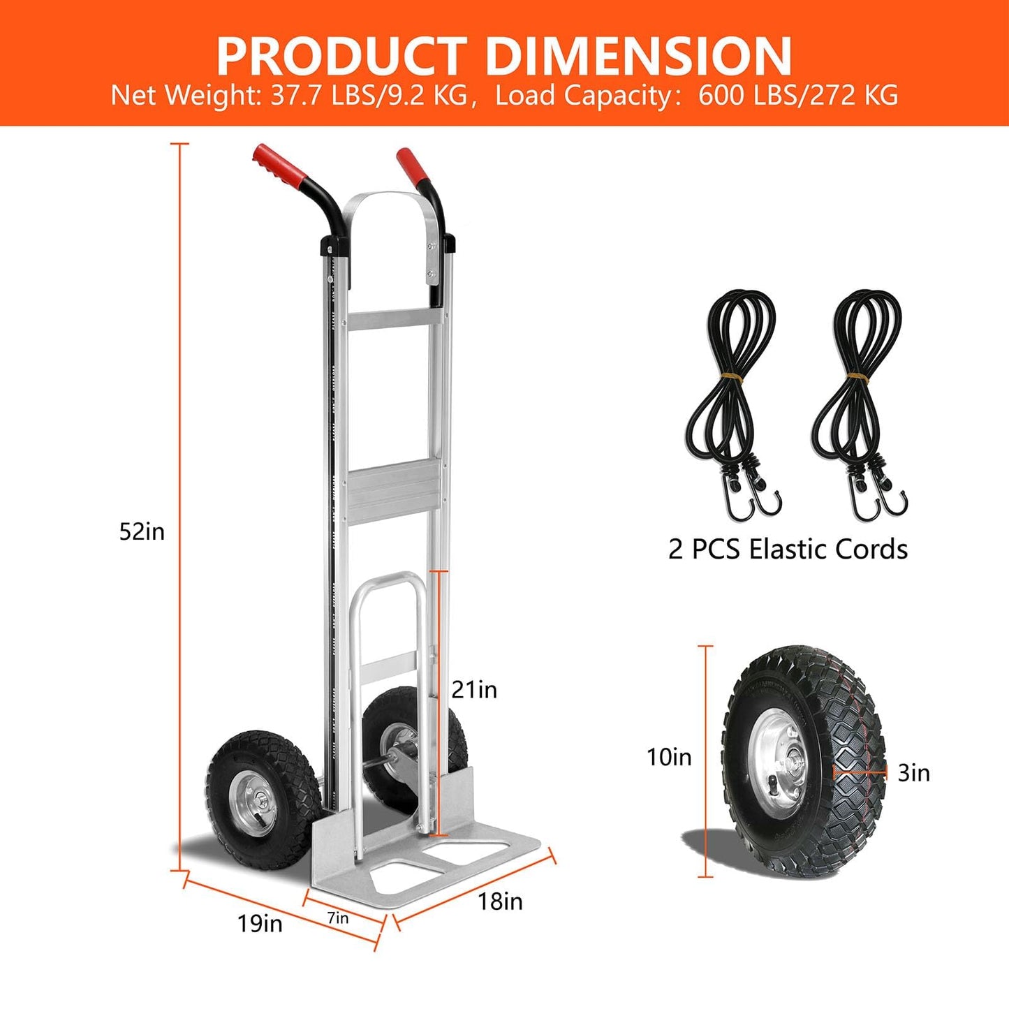 Aluminum Hand Truck 600 LBS Capacity, Handle Heavy Duty Industrial Dolly with 10" Pneumatic Tire and 2 Elastic Cords, Platform Cart for Transport and Moving in Home, Office, Warehouse, Supermarket