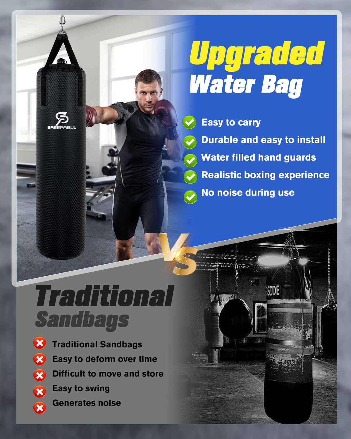 SAEEPABUL Water Punching Bag 4FT Heavy Bag for Boxing - Adjustable Weight (60 to 120 lbs) with Anti-Leak Design, Heavy-Duty Aqua Training Bag for Adults