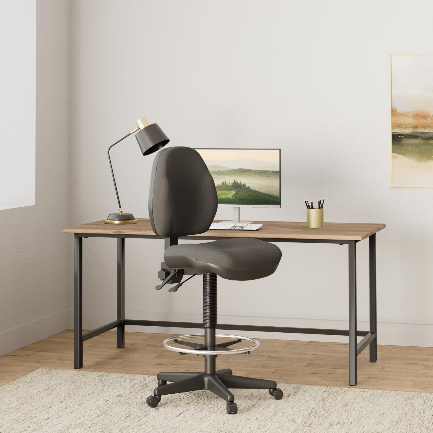 Office Star DC Series Deluxe Ergonomic Adjustable Padded Drafting Chair with 18.5 Inch Chromed Footring and Dual Wheel Carpet Casters, Icon Black Fabric