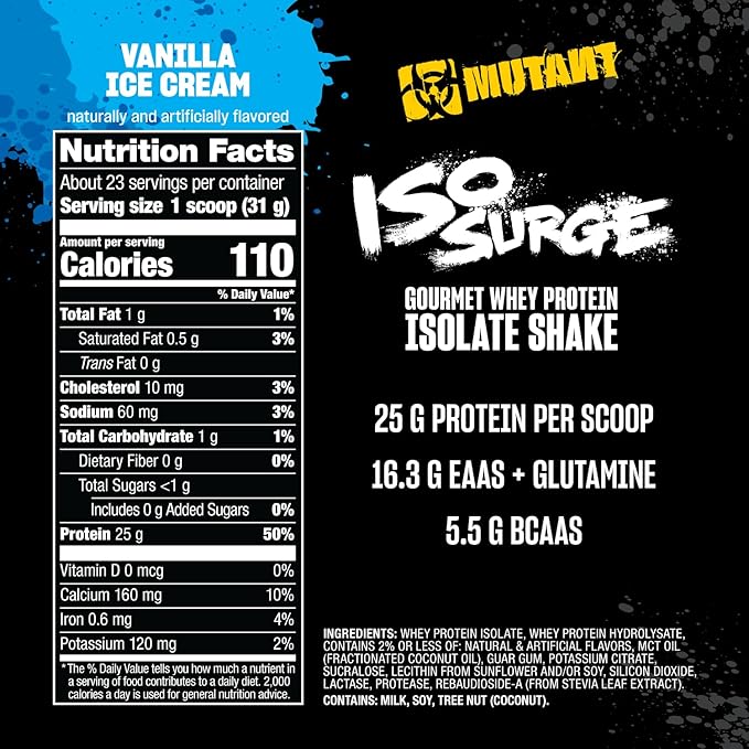 Mutant ISO Surge Whey Protein Isolate Powder Acts Fast to Help Recover, Build Muscle, Bulk and Strength, 1.6 lb (Vanilla Ice Cream)