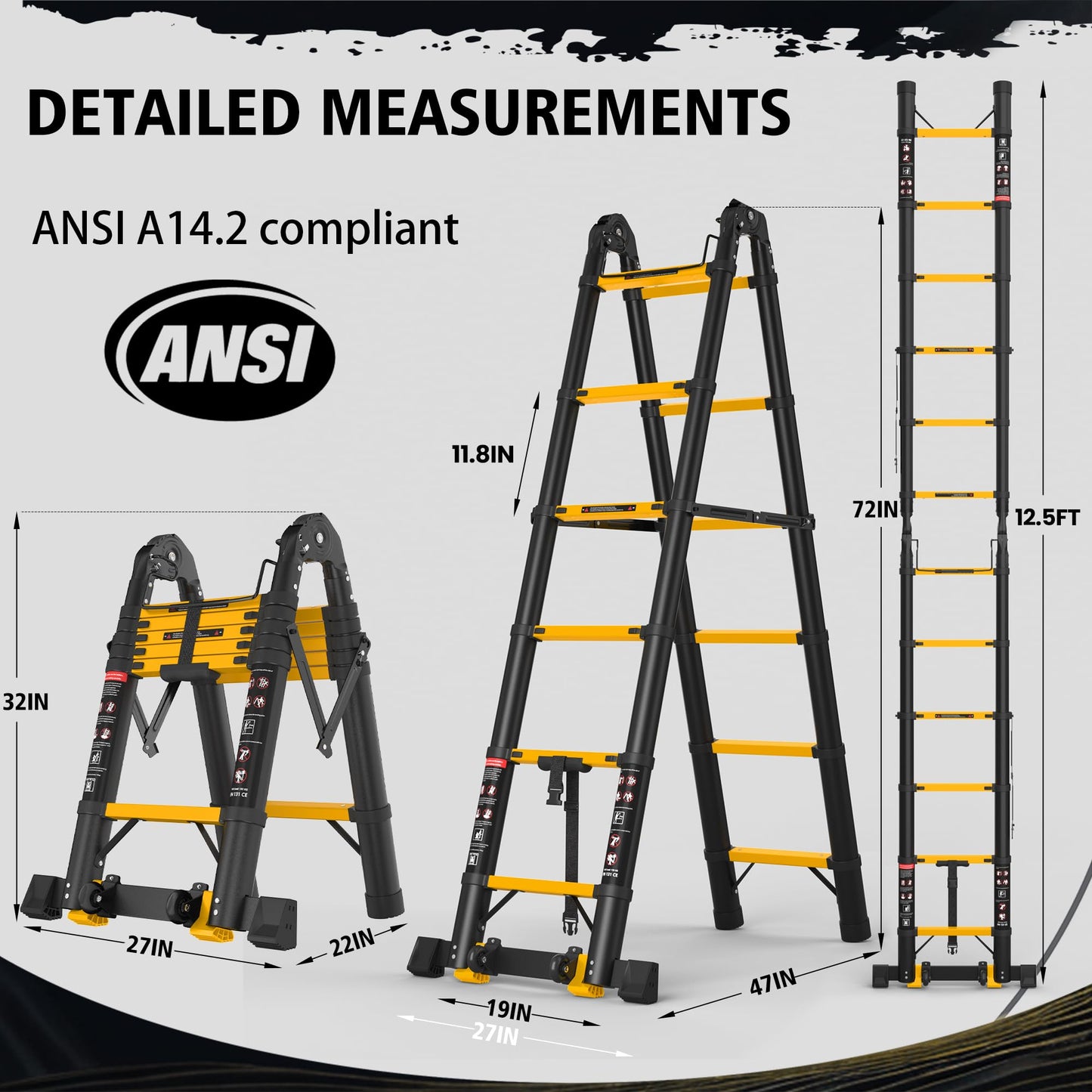 SINMEIRUN Telescoping Ladder, 12.5 FT, A Frame, Aluminum Extension Ladder, 330 lbs Capacity, Collapsible Multi-Purpose Ladder for Home, Roof and RV; Yellow