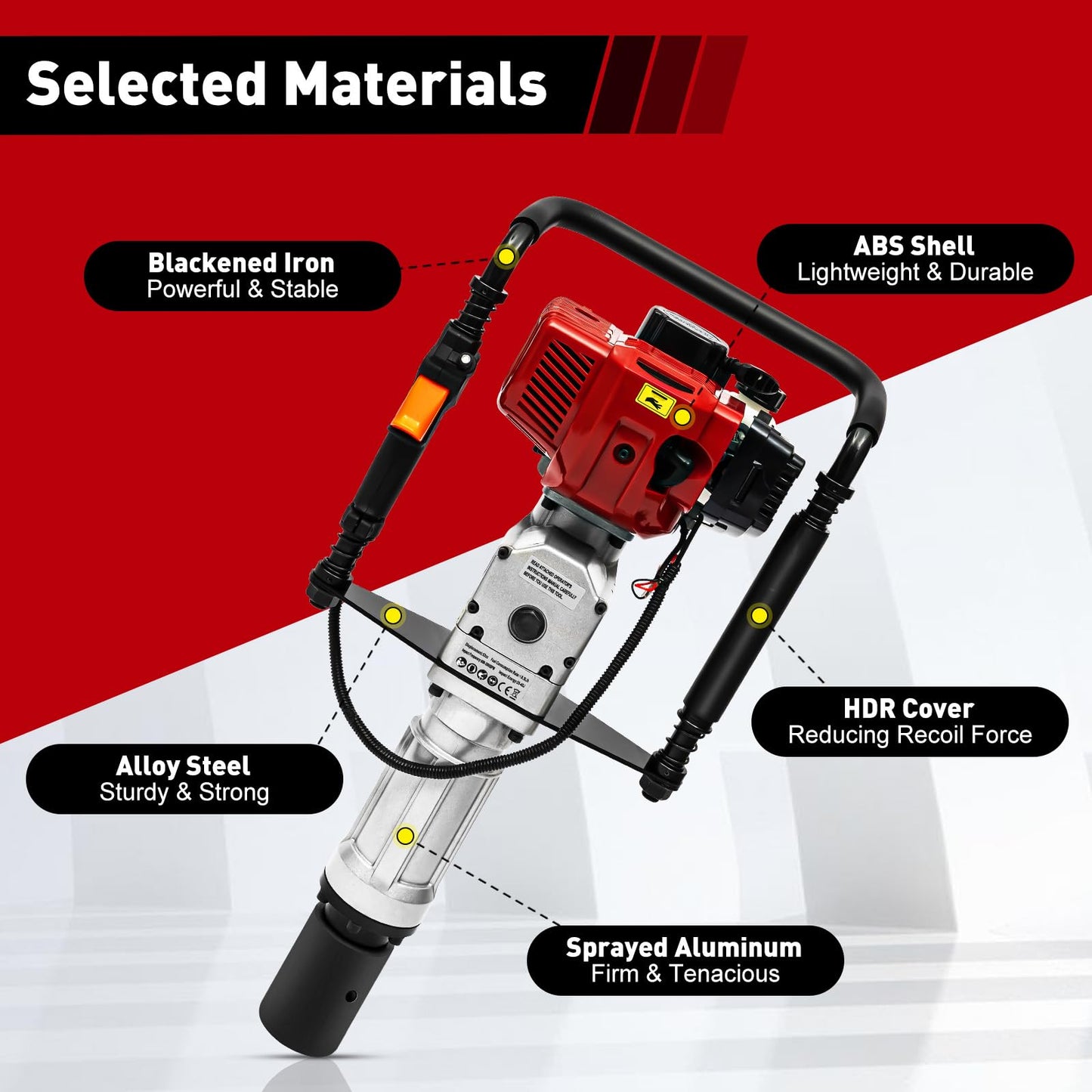POIOKLJRE 52CC Gas Powered T Post Driver, 1900W Air-Cooled Petrol Piledriver w/Shock Absorption & 2 Socket Sizes (55/70mm), for Fencing & Solar