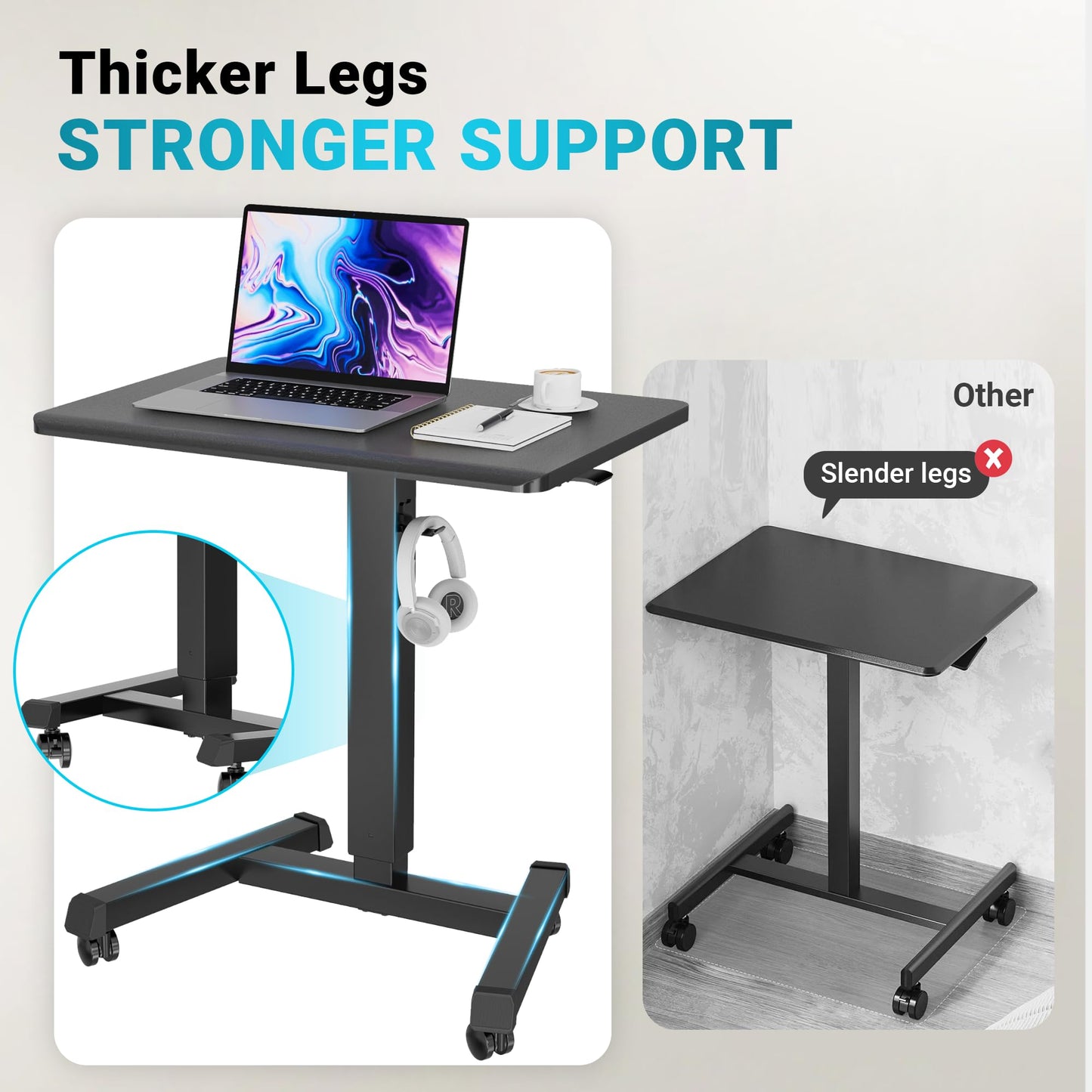 BONTEC Mobile Standing Desk Adjustable Height, Rolling Laptop Cart with Hook, Portable Workstation with Pneumatic Lift, Ergonomic Table with Wheels, Compact Home Office Desk, Black 25.6" x 17.7"