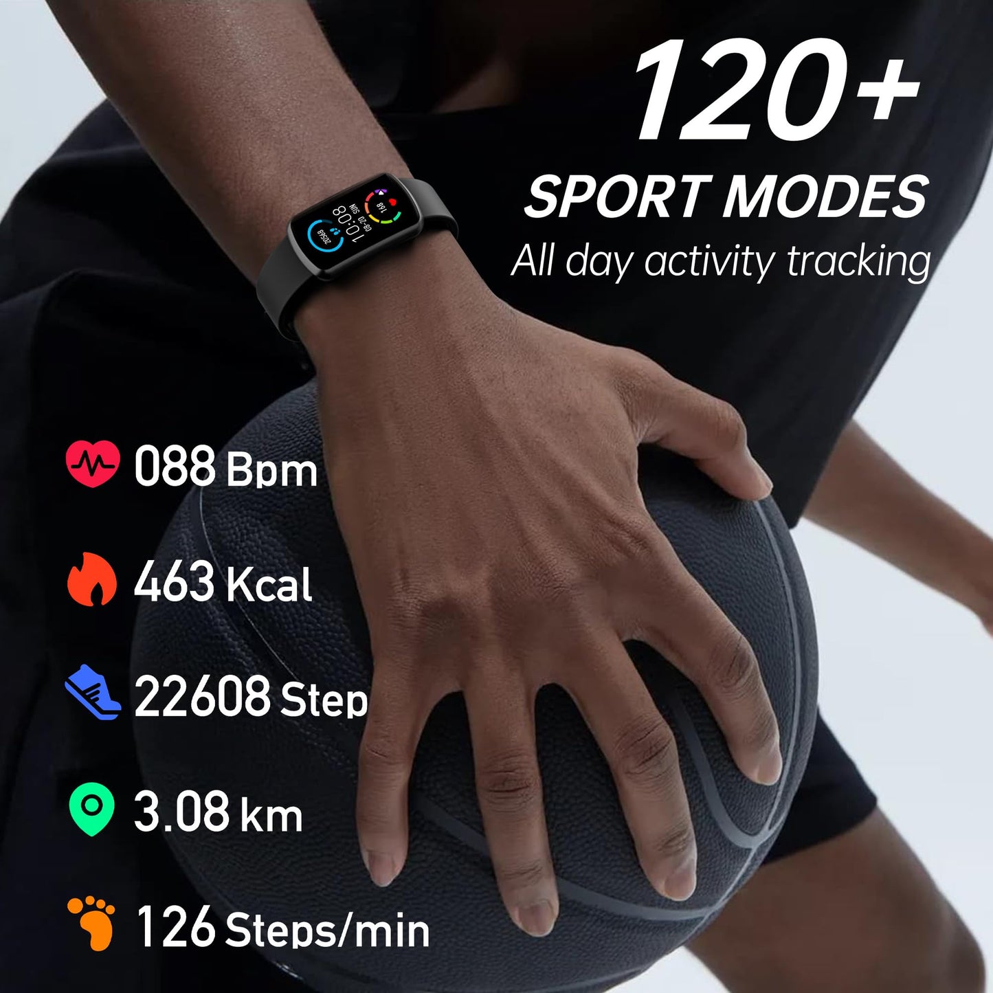 Health Fitness Tracker with 24/7 Heart Rate, Smart Watch with Blood Pressure and Blood Oxy-gen Monitor, Bulit-in 120+ Sport Mode, Waterproof Sleep Tracker for Women Men (Black)